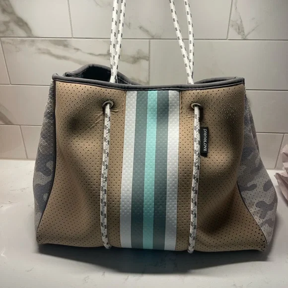 Brown and Gray Perforated Tote Bag with Pouch - Picture 2 of 9